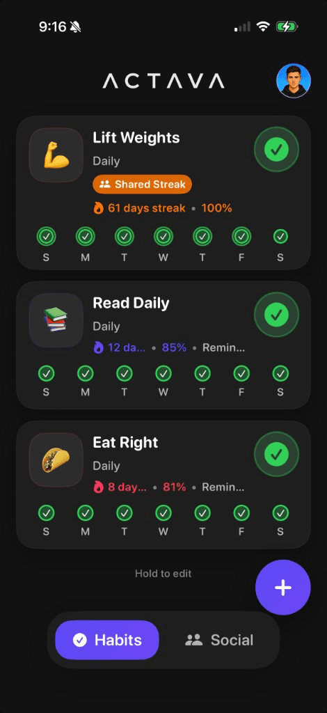 actava Habits screen with shared streaks, week rows, and Social tab