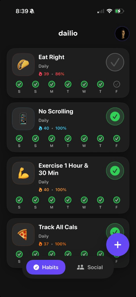 actava Habits screen with streaks, week row, and Social tab